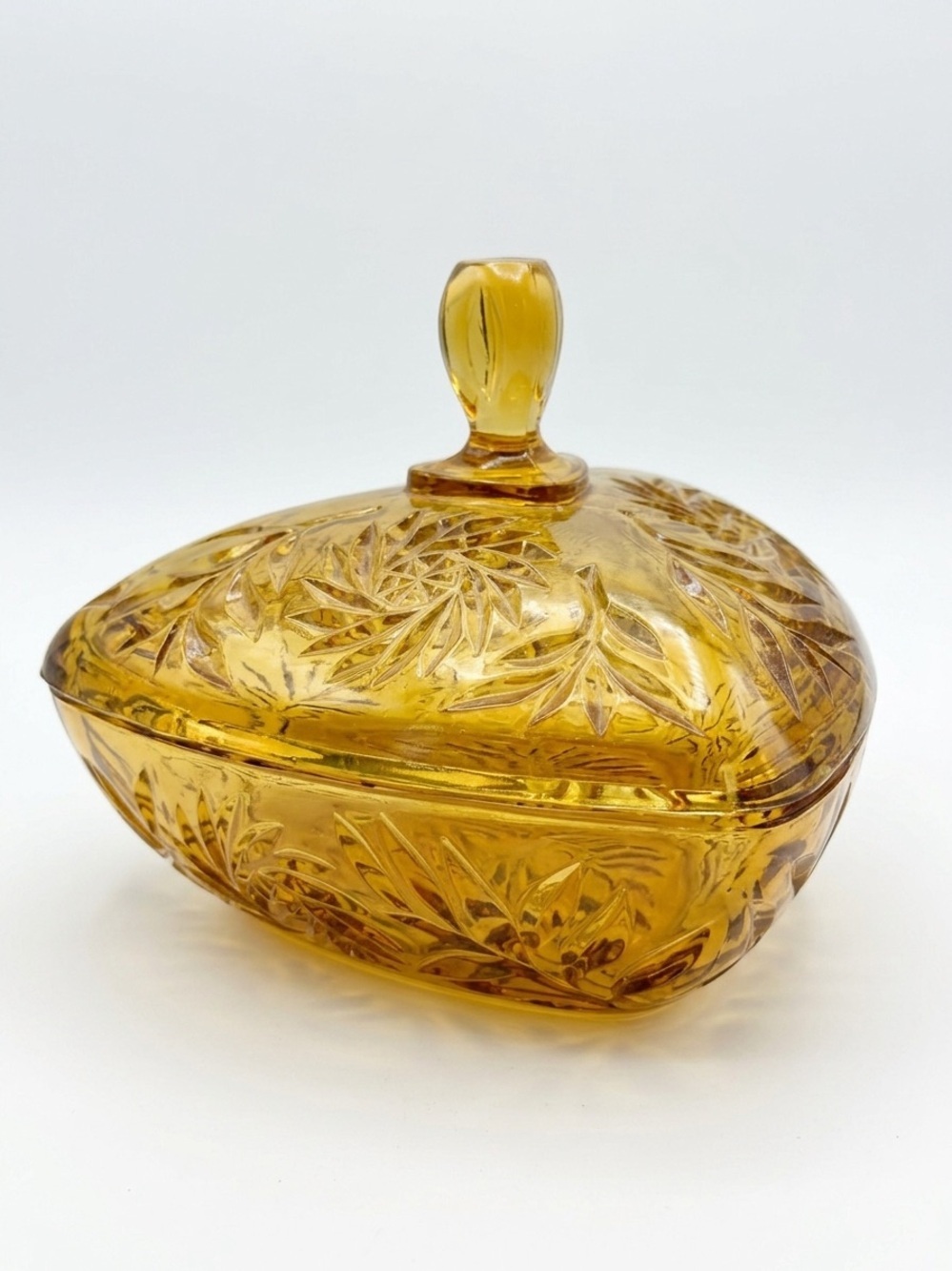 Vintage Hazel Atlas Amber Glass Triangular Covered Candy Dish Mid Century Decor